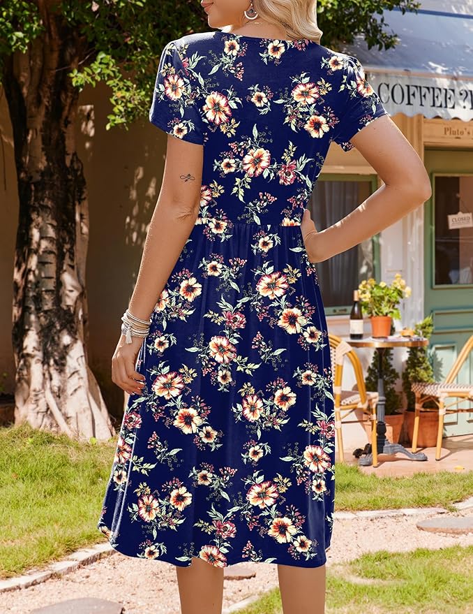 HOTOUCH Women's Summer A-Line Midi Dresses 2026 Casual Floral Short Sleeve T-Shirt Dress Flowy Beach Sundress with Pockets