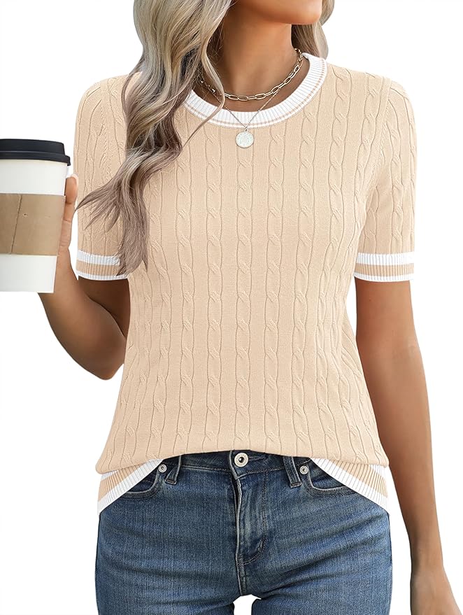 Micoson Womens Short Sleeve Cable Knit Sweater Tops Crewneck Lightweight Spring Summer Shirts Business Dressy Casual Outfits