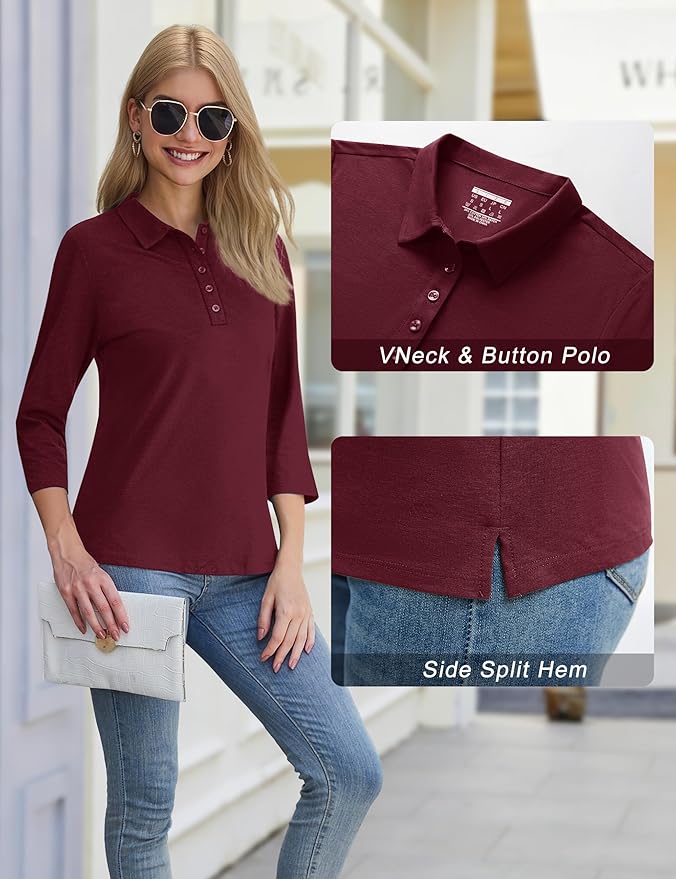 YUCOLEN Polo Shirts for Women 3/4 Sleeve Tops Golf Tees 5-Button Collared Cotton Shirt Business Casual