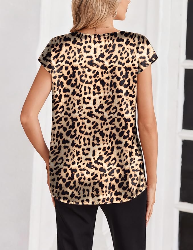 Zeagoo Women Silk Satin Tops Cap Short Sleeve Blouse V Neck Shirts Business Casual Outfits S-2XL