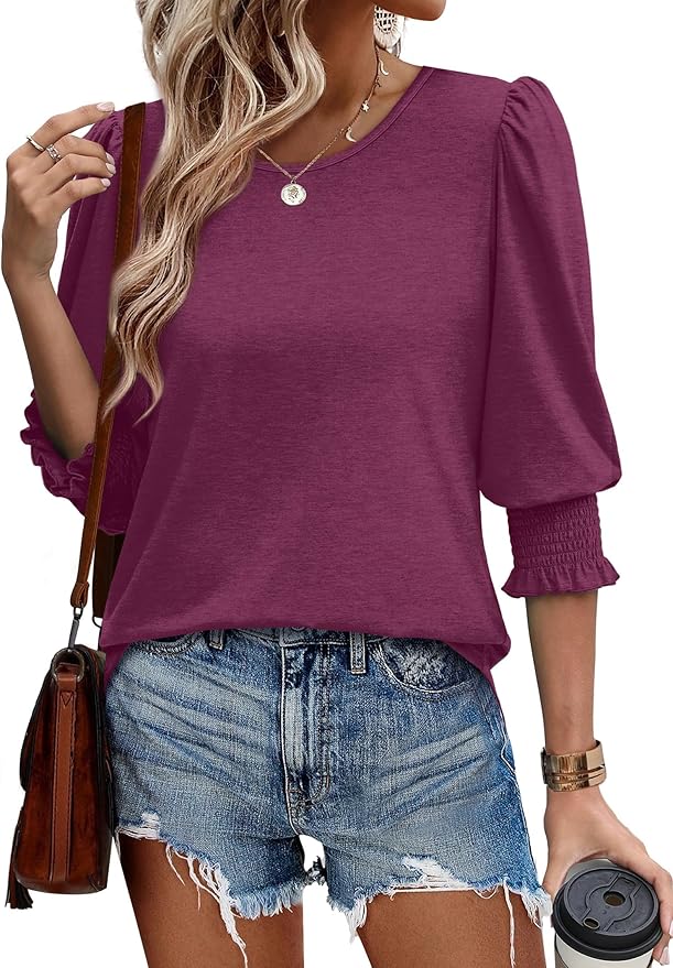 XIEERDUO Blouses for Women Dressy Casual 3/4 Length Sleeve Womens Tops with Smocked Cuffs