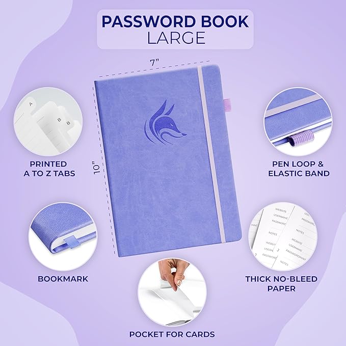 Clever Fox Password Book with alphabetical tabs. Internet Address Organizer Logbook. Large Password Keeper for Website Logins (Lavender)