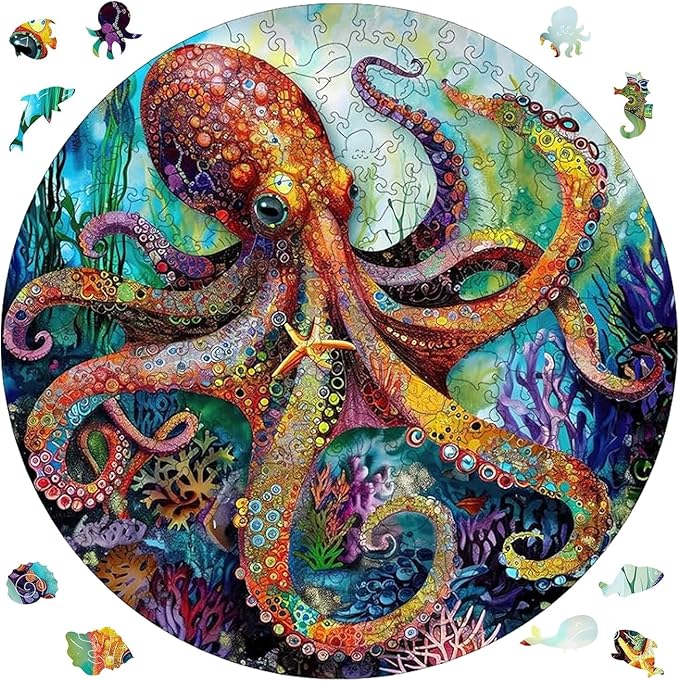 Reouinty Wooden Puzzle for Adults 500 Piece, Octopus Ocean Jigsaw Puzzles, Unique Shape Animal Adult Puzzles, Wall Decor, Wood Gift for Adults and Kids Family Game 15.6x15.6 in