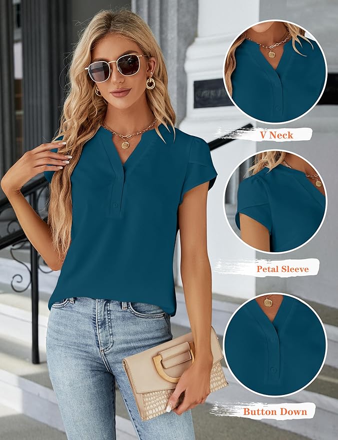 Blooming Jelly Women's Dressy Casual Tops Business Work Blouses White Button Down Shirts Cap Sleeve V Neck Tshirt