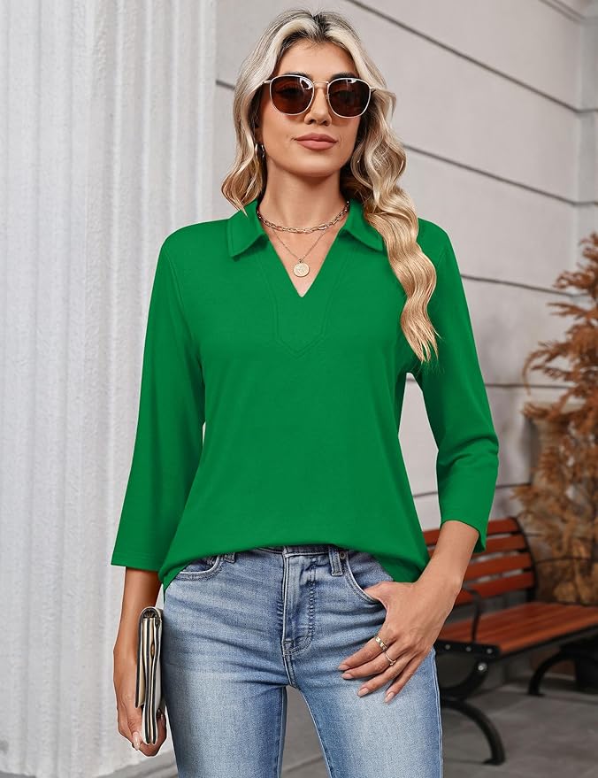 LOMON 3/4 Length Sleeve Womens Tops 2026 Spring Summer Collared Polo Shirts V Neck Casual Basic Polos Tees Shirt
