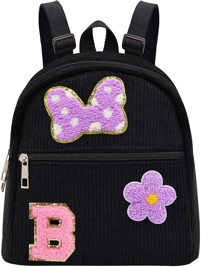 2 3 4 5 6 Year Old Girl Gifts Chenille Initial Mouse Bow Mini Backpack, Corduroy Toddler Backpacks Christmas Birthday Gifts for Girls 2-4 5-6, Black Mini Diaper Bag Must Haves for Park Travel Letter B