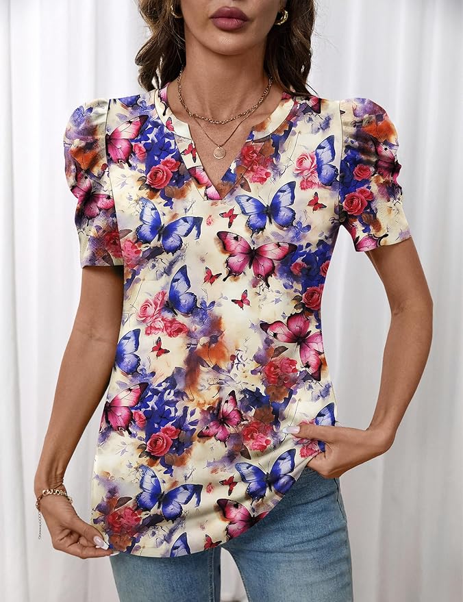 Lomon Spring Summer Tops for Women 2026 V Neck Puff Short Sleeve Tops Fashion Trendy Work Blouses Dressy Casual S-XXL