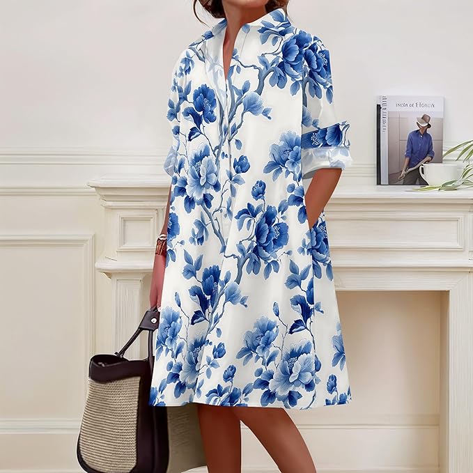 Shirt Dresses for Women 2025 Summer Long Sleeve Casual Plus Size Floral Printed Beach Vacation Dress with Pockets
