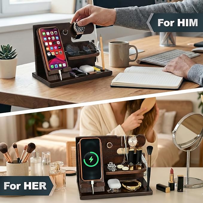 TESLYAR Wood Phone Docking Station for Men - Desk or Nightstand Organizer - Birthday Gifts for Husband, Dad - Anniversary Idea from Wife - Key Holder, Stand Wallet, Watch, Essentials (Chocolate Brown)