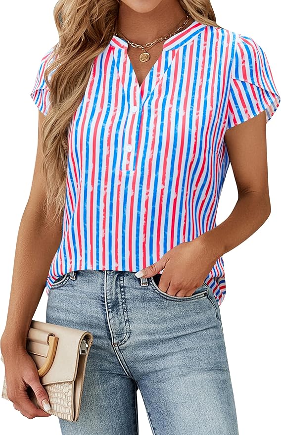 Blooming Jelly Women's Dressy Casual Tops Business Work Blouses White Button Down Shirts Cap Sleeve V Neck Tshirt
