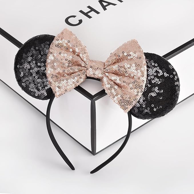 Seamoy Sequin Rose Gold Minnie Headband with Mouse Ears and Bow, Sparkle Park Princess Ears for Women Girls (Gold Bow and Black)