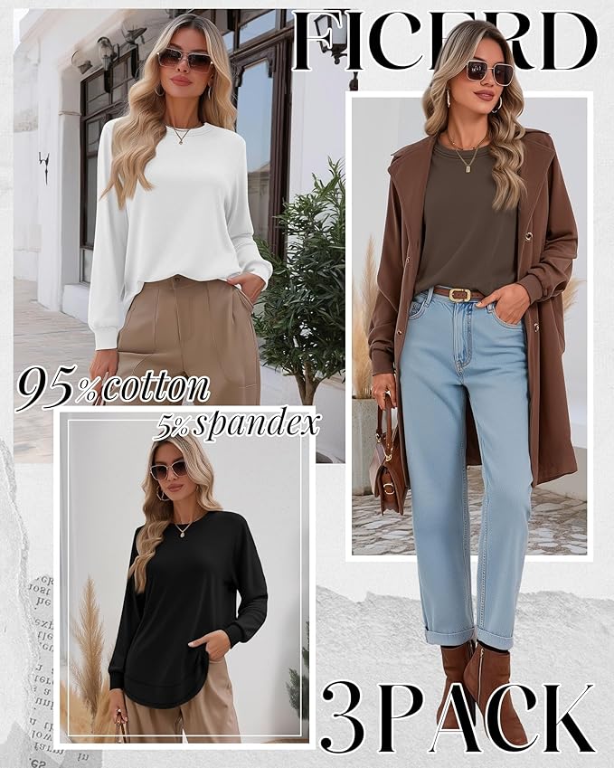 Ficerd 3 Pack Women's Long Sleeve Shirts, Cotton Crew Neck Tunic Tops Casual Loose Fit Pullover Sweatshirts Curved Hem Shirts