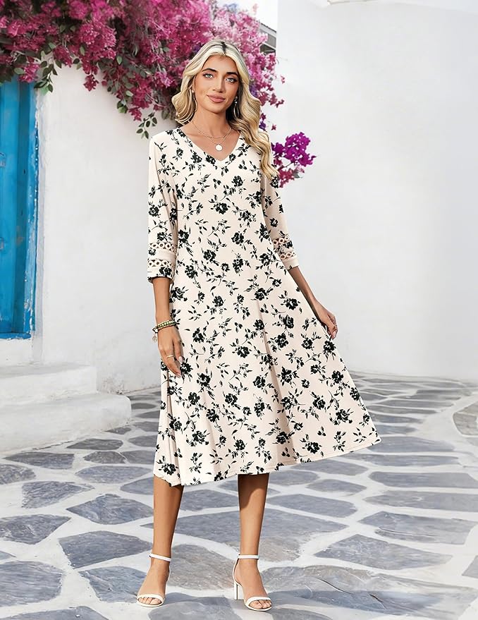 Zeagoo Women's Dresses 3/4 Sleeve Summer Casual V-Neck A Line Flowy Eyelet Midi Dress for Women Beach Vacation Sundress