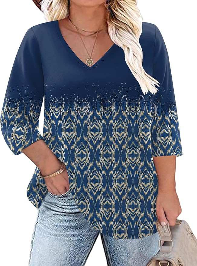 TFSDOD Womens Plus Size Tops V Neck T Shirts 3/4 Sleeve Blouse Summer Casual Tees XL-5X