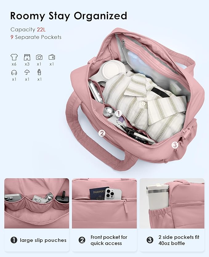 Gym Bag for Women, Travel Duffle Bags with Wet Pocket, Lightweight Carry on Bag Overnight Weekender Duffel Bag, Water Resistant (Mauve Pink)