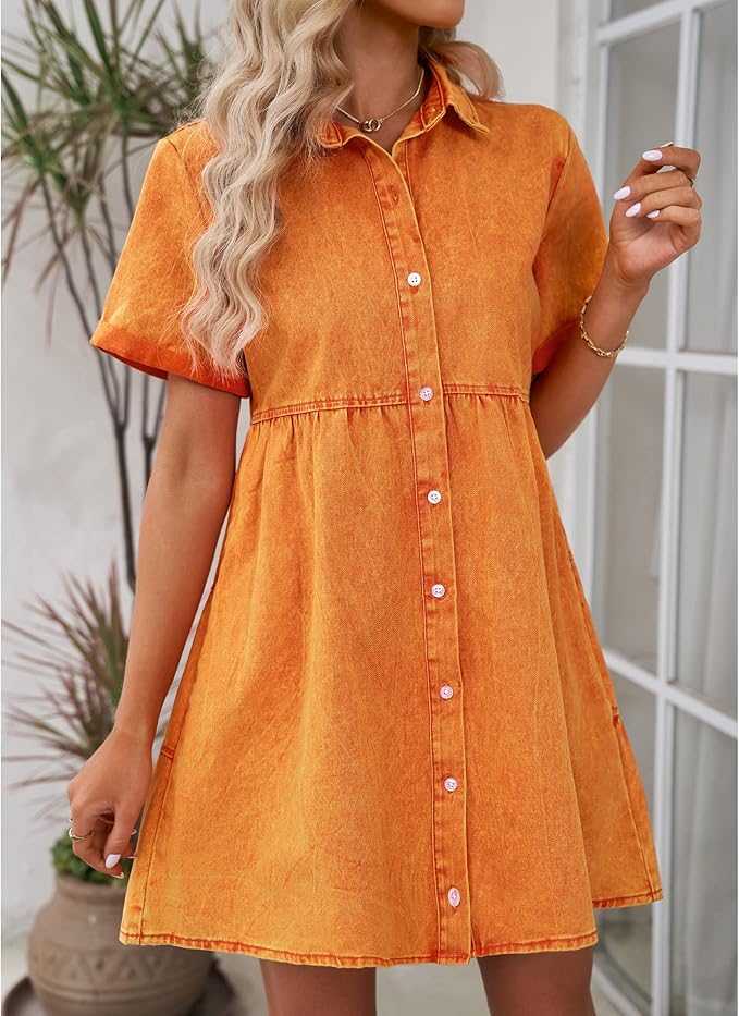 LookbookStore Women's Short Sleeve Button Down Flowy Tiered Babydoll Denim Dress