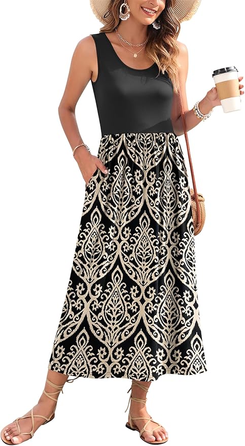 WNEEDU Women's Summer Maxi Dress 2026 Casual Sleeveless Hawaiian Sundress Tropical Long Dress Beach Vacation Outfit