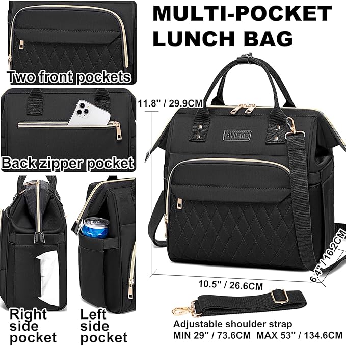 AIJIEKE Lunch Bag for Women, Leakproof & Insulated Work Lunch Box Tote, Reusable Adult Cooler Bag with Water Bottle Side Pocket & Removable Shoulder Strap, Black