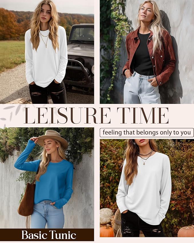Huukeay 3 Pack Women's Long Sleeve Shirts with Thumb Holes, Cotton Casual Crew Neck Tunic Tops Fall Loose Y2k Trendy Outfits