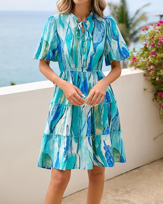 BTFBM Women Summer Floral Short Dresses V Neck Short Sleeve Tiered Ruffle Boho Swing Dress A-Line Mini Dresses