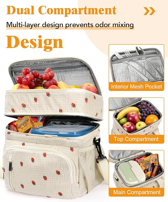 Insulated Lunch Bag for Men & Women, 9L Leakproof Lunch Box Soft Cooler Tote with 5 Pockets, 600D Oxford, EVA Lining, Adjustable Strap for Work, Picnic, Beach&Travel - Corduroy Cue Strawberry