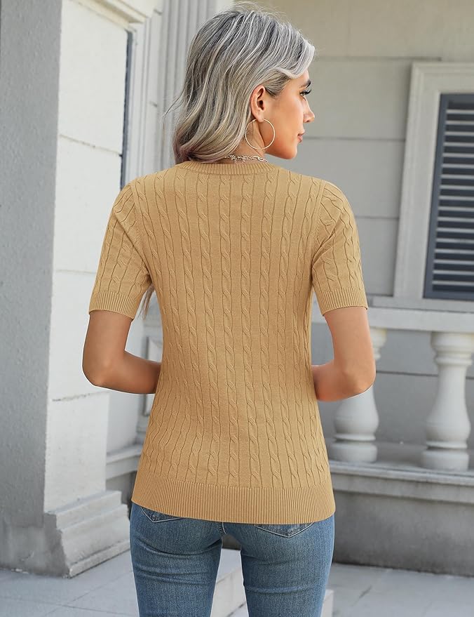 Micoson Womens Short Sleeve Cable Knit Sweater Tops Crewneck Lightweight Spring Summer Shirts Business Dressy Casual Outfits