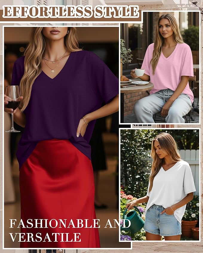 Huukeay Women's Cotton Oversized T Shirts 3 Pack V Neck Loose Fit Half Sleeve Tops Baggy Casual Summer Gym Workout Tees 2026