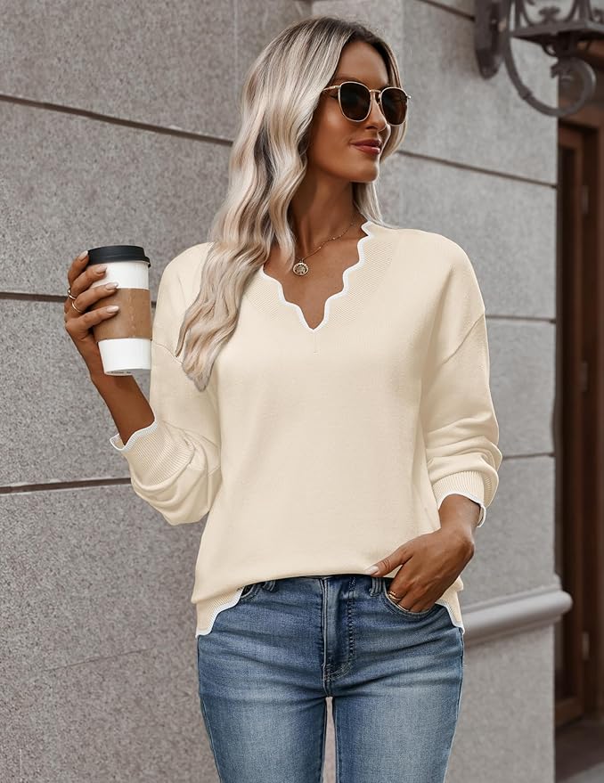Zeagoo Women's 2026 Fall V Neck Sweater Casual Long Sleeve Lightweight Ribbed Knit Pullover Sweaters Dressy Casual Tops