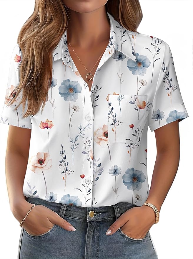 Zeagoo Womens Button Down Shirt Bust Pocket Short Sleeve Blouses Business Casual Work Tops Summer Outfits