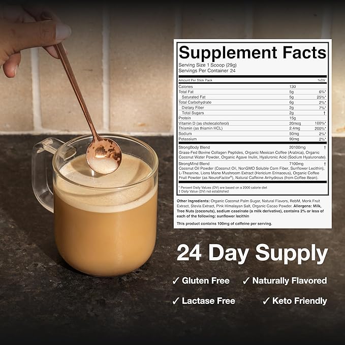 Strong Coffee Co. Vanilla Instant Latte | Organic Coffee with 15g Collagen Protein | Lion’s Mane & L-Theanine | Nootropic Instant Coffee | 12 Serving