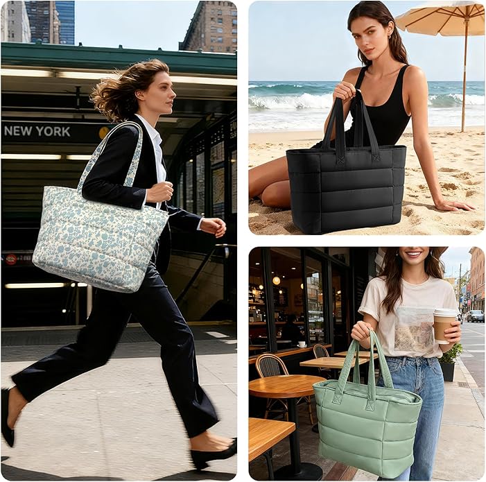 Puffer Tote Bag for Women, Lightweight Puffy Shoulder Bag with Handbag for Travel, Work, Gym, Laptop Bag for Nurse Teacher