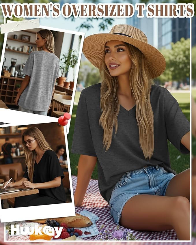 Huukeay Women's Cotton Oversized T Shirts 3 Pack V Neck Loose Fit Half Sleeve Tops Baggy Casual Summer Gym Workout Tees 2026