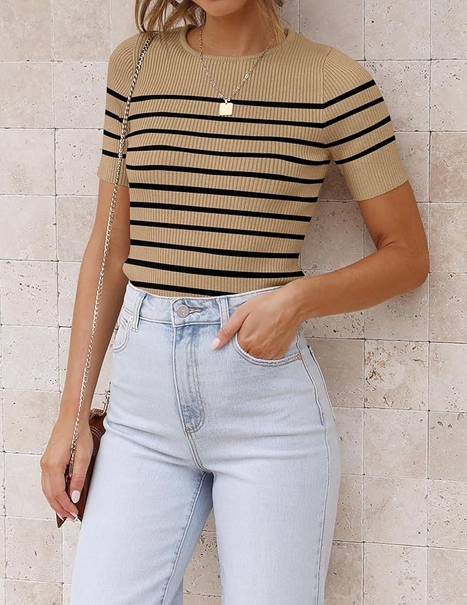 ZESICA Women's Short Sleeve Crewneck Striped T Shirt 2026 Summer Ribbed Knit Slim Fit Casual Basic Tee Tops