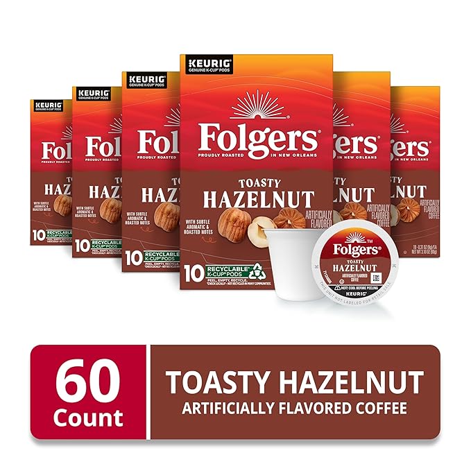 Folgers Toasty Hazelnut Artificially Flavored Coffee, Keurig K-Cup pods, 10 Count Box (Pack of 6)