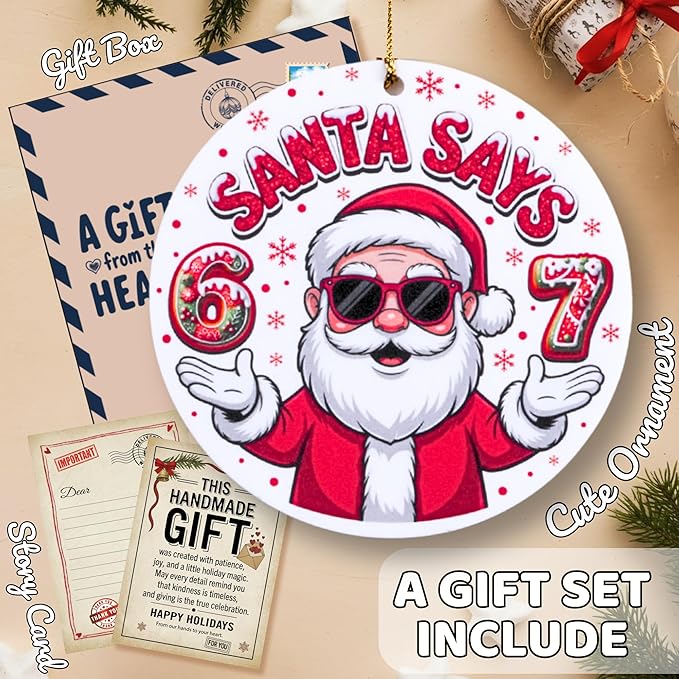 67 Funny Christmas Ornament – 67 Meme Santa Says Six Seven Acrylic Mica Ornament, Funny Teen Slang Xmas Tree Decor, Viral Meme Gift for Gen Z Boys Girls