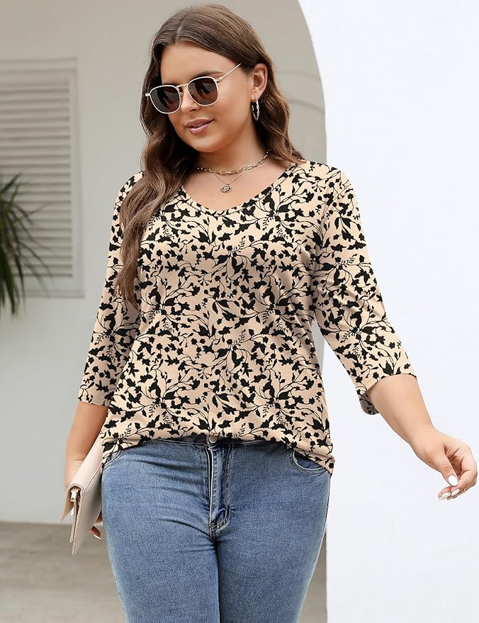 TFSDOD Womens Plus Size Tops V Neck T Shirts 3/4 Sleeve Blouse Summer Casual Tees XL-5X