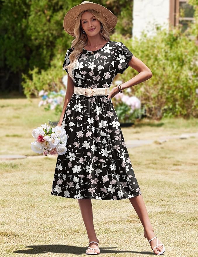 HOTOUCH Women's Summer A-Line Midi Dresses 2026 Casual Floral Short Sleeve T-Shirt Dress Flowy Beach Sundress with Pockets