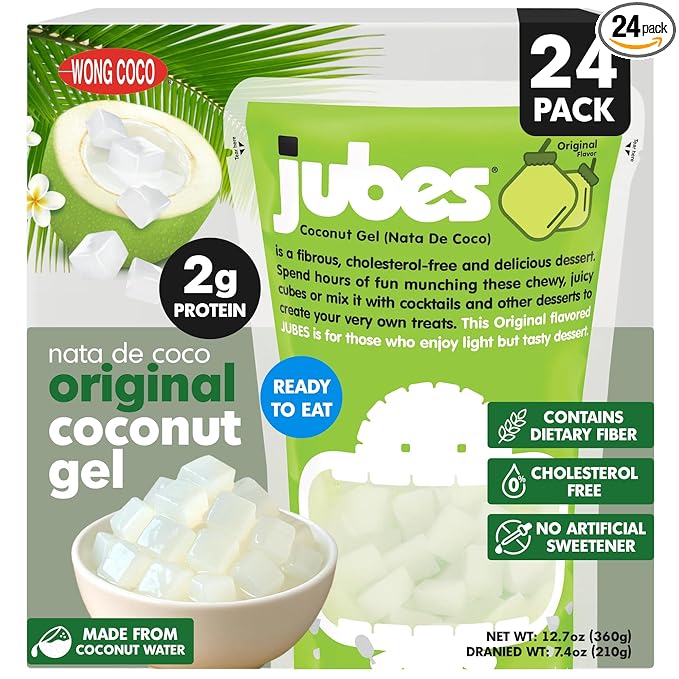 Jubes Pandan Nata De Coco Jelly Cubes, 12.7 oz (Pack of 24) – Coconut Gel in Syrup, Pandan Jelly Cubes for Sago, Boba, Fruit Tea, Yogurt, Ice Cream, Desserts