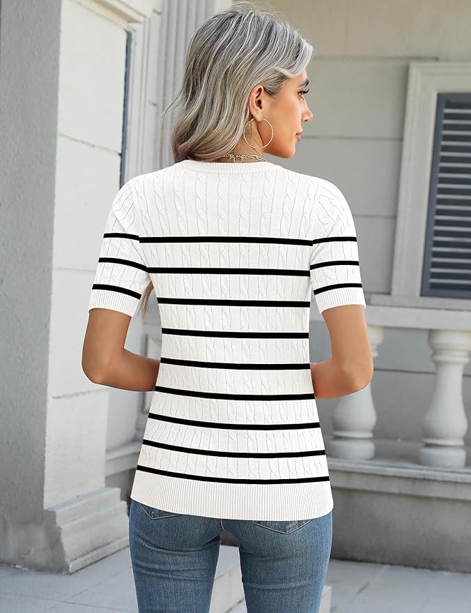 Micoson Womens Short Sleeve Cable Knit Sweater Tops Crewneck Lightweight Spring Summer Shirts Business Dressy Casual Outfits