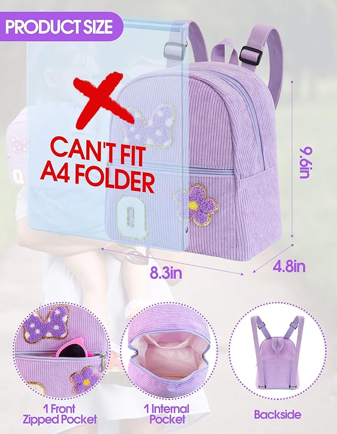 2 3 4 5 6 Year Old Girl Gifts Chenille Initial Mouse Bow Mini Backpack, Corduroy Toddler Backpacks Christmas Birthday Gifts for Girls 2-4 5-6, Purple Mini Diaper Bag Must Haves for Park Travel Q