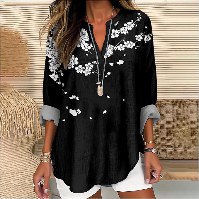 MARSVOVO V Neck Shirt For Women Boho Multi Style Blouse Long Sleeve Novelty Graphic Plus Size Pullover Tops For Women