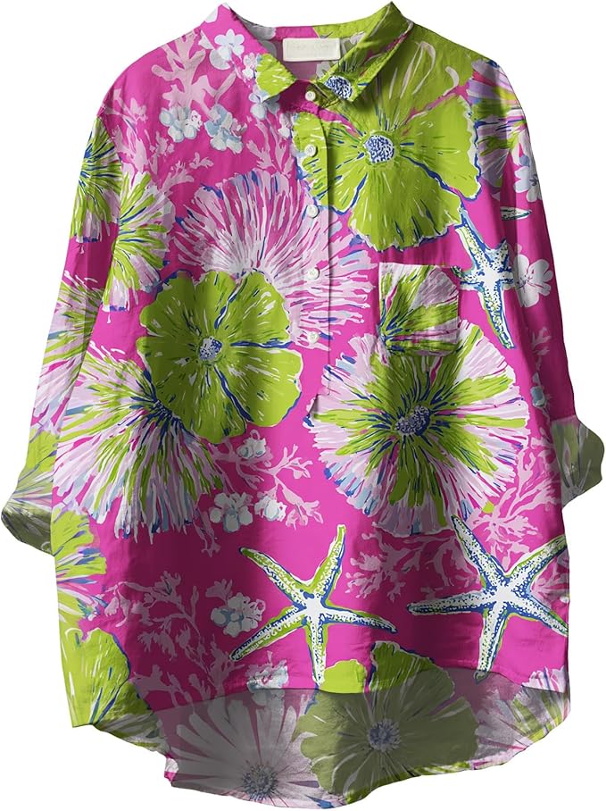 Womens Boho Tops 3/4 Long Sleeve Floral Blouses Hawaii Beach Button Down Shirts V Neck Pullover Casual Tunics