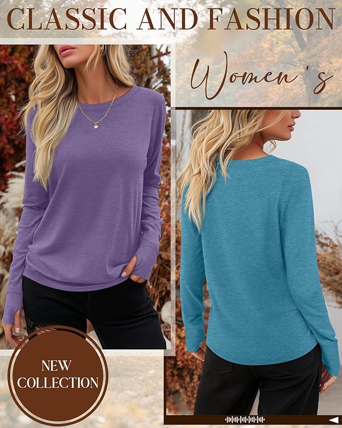 Huukeay 3 Pack Women's Long Sleeve Shirts with Thumb Holes, Cotton Casual Crew Neck Tunic Tops Fall Loose Y2k Trendy Outfits