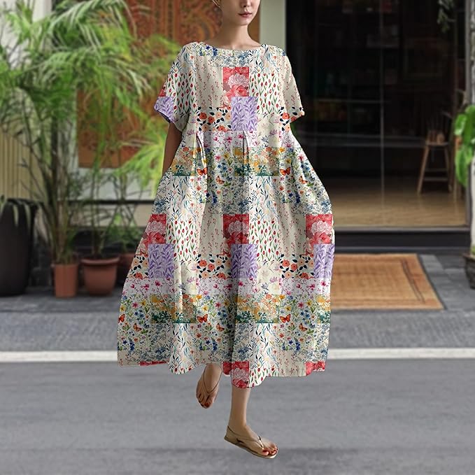MARSVOVO Patchwork Flowy Dresses for Women Plus Size Loose Casual Tunic Dress Elegant Crewneck Maxi Dresses with Pockets