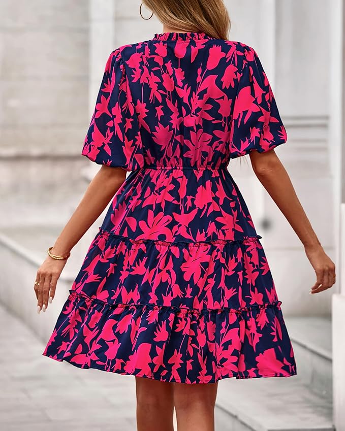 BTFBM Women Summer Floral Short Dresses V Neck Short Sleeve Tiered Ruffle Boho Swing Dress A-Line Mini Dresses