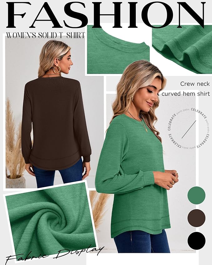 Ficerd 3 Pack Women's Long Sleeve Shirts, Cotton Crew Neck Tunic Tops Casual Loose Fit Pullover Sweatshirts Curved Hem Shirts