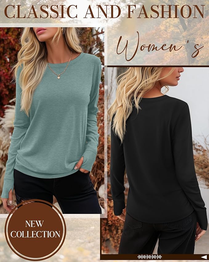 Huukeay 3 Pack Women's Long Sleeve Shirts with Thumb Holes, Cotton Casual Crew Neck Tunic Tops Fall Loose Y2k Trendy Outfits
