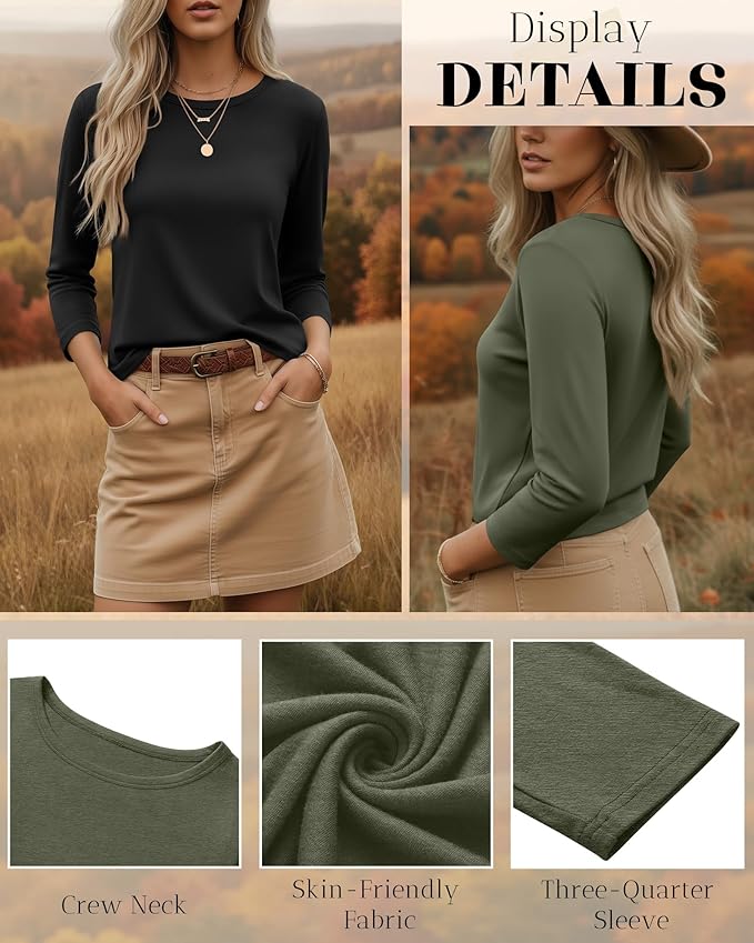 Ficerd 3 Pack 3/4 Sleeve Tops for Women Round Neck Dressy Basics Tees Casual Trendy Loose Fit T Shirts