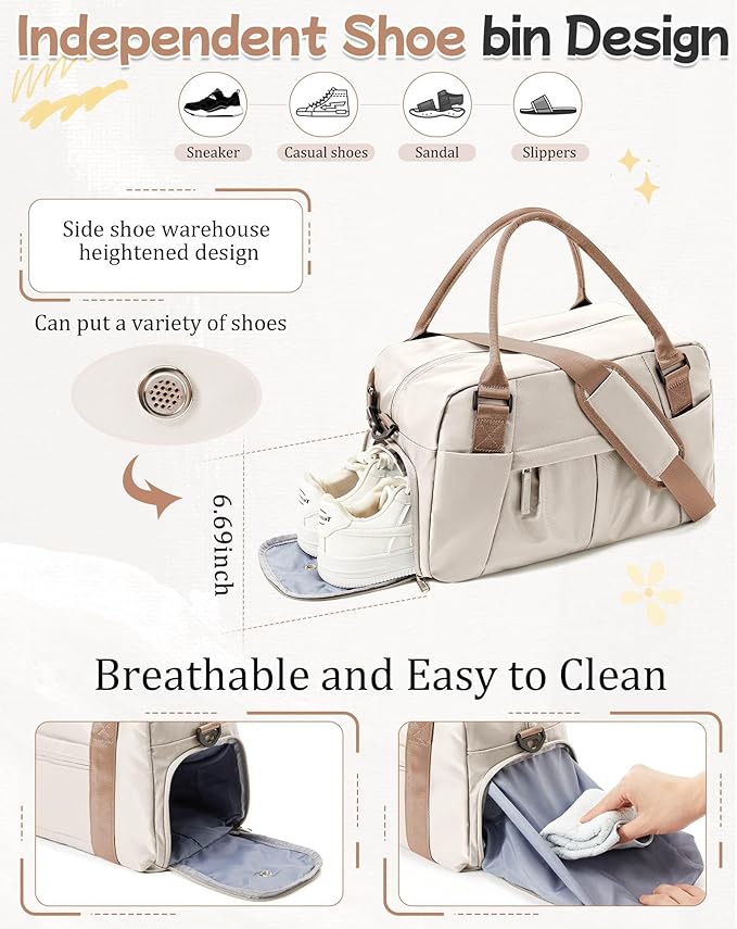 Small Gym Bag with Shoe Compartment, Workout Sport Duffle Bag for Women Travel,Waterproof Shoulder Overnight Bag Lightweight Carry on Tote Bag for Swim, Yoga, Dance, Beige