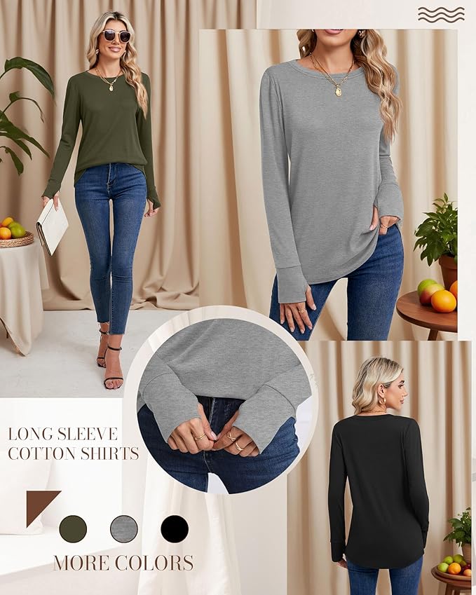 Huukeay 3 Pack Women's Long Sleeve Shirts with Thumb Holes, Cotton Casual Crew Neck Tunic Tops Fall Loose Y2k Trendy Outfits